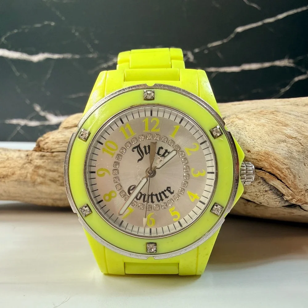 Juicy Couture Neon Yellow Crystal Accent Link Bracelet Watch Working